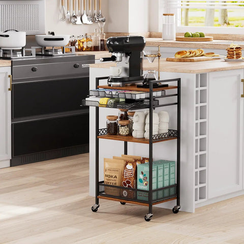 Heavy Duty 5 Tier Floor Standing Coffee Cart With Spacious Pod Storage Organizer For Kitchen Bar Station with coffee maker and pods.