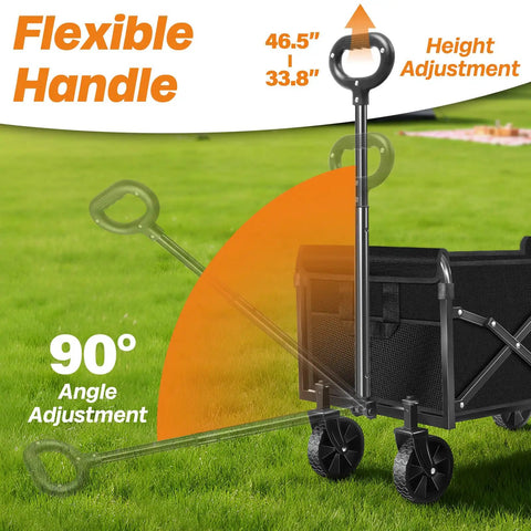 One Second Fold Collapsible Utility Wagon Cart With Wheels Portable 360 Pound Capacity, flexible handle adjustment