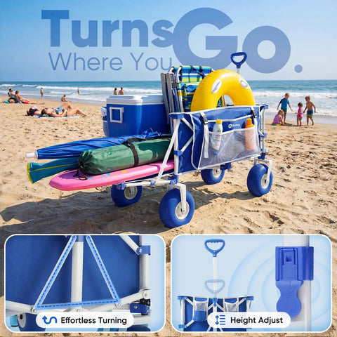 Heavy Duty Beach Wagon With 9 Inch Sand Proof Wheels And 300L Capacity Foldable Cart filled with beach gear on sand