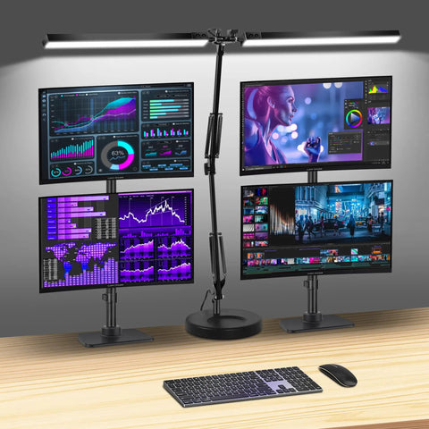 Two In One LED Desk Lamp With Dual Heads And Clamp Or Base Mount illuminating a multi-monitor setup on a desk