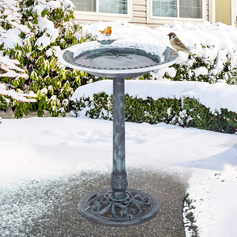 28 Inch Pedestal Bird Bath With Scalloped Bowl Vintage Outdoor Garden Decor Green Resin Weatherproof And Lightweight Backyard Accent That Attracts Birds, Easy Setup, Frost Resistant in snowy garden with birds