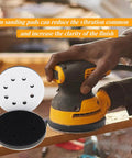Using 32 Piece 5 Inch Pro Grade Sanding Discs Hook And Loop 8 Hole Wet Dry Sandpaper with orbital sander on wood.