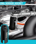Five Piece Oxygen Sensor Socket And Thread Chaser Kit For Cars With 22mm Offset Sockets In One Half Inch And Three Eighth Inch Drives Long Socket M12 By One Point Two Five And M18 By One Point Five Thread Chasers displayed in use