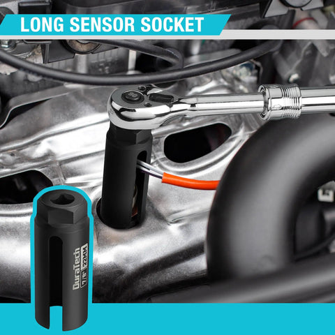 Five Piece Oxygen Sensor Socket And Thread Chaser Kit For Cars With 22mm Offset Sockets In One Half Inch And Three Eighth Inch Drives Long Socket M12 By One Point Two Five And M18 By One Point Five Thread Chasers displayed in use