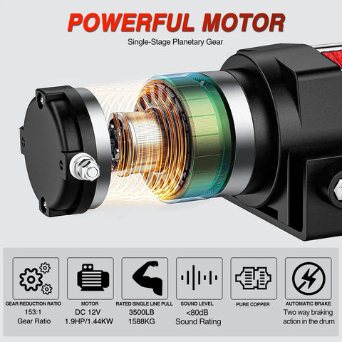 Beefy 3500 Lb ATV UTV Winch With 12V DC Motor Synthetic Rope Wireless Remote Wired Switch Fairlead And Mounting Plate Waterproof Portable Tow Winch For Jeeps Trucks Trailers And Off Road Adventures motor cutaway with 153:1 gear ratio