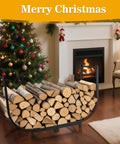 40 Inch Heavy Duty Firewood Rack With Cover For Outdoor Use next to decorated Christmas tree and lit fireplace indoors.