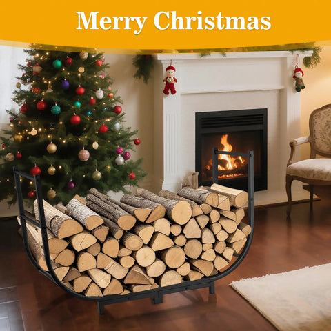 40 Inch Heavy Duty Firewood Rack With Cover For Outdoor Use next to decorated Christmas tree and lit fireplace indoors.