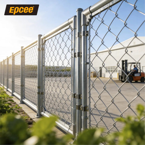 Beefy Heavy Duty 304 Stainless Steel Chain Link Fence Panel Clamps Saddle Clamp Set For Fence Post Connection Fits Two And Three Eighths Inch Posts Ideal For Outdoor Fencing Kennels Dog Runs Four Pack installed on chain link fence with blue sky backdrop.