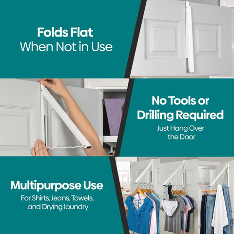 Over The Door Hanger Rack, Foldable Closet Organizer For Clothes And Towels shown installed on door holding clothes