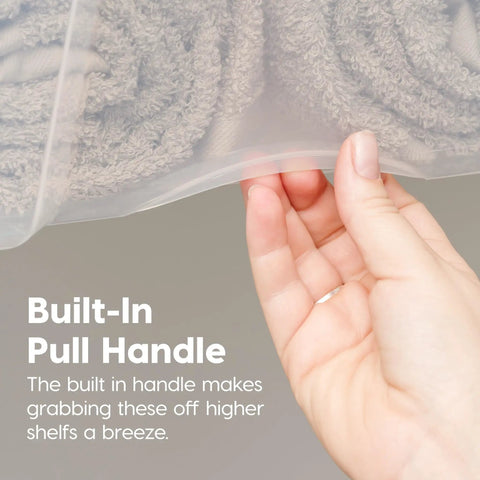 See Through 53 Quart Stackable Plastic Storage Bin With Lid For Home Organization being held, showing built-in pull handle.