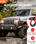 Jeep with Red Beefy 3/4 Inch D Ring Shackle Set For Truck And Jeep Recovery, 7/8 Inch Screw Pin, mounted on front bumper.
