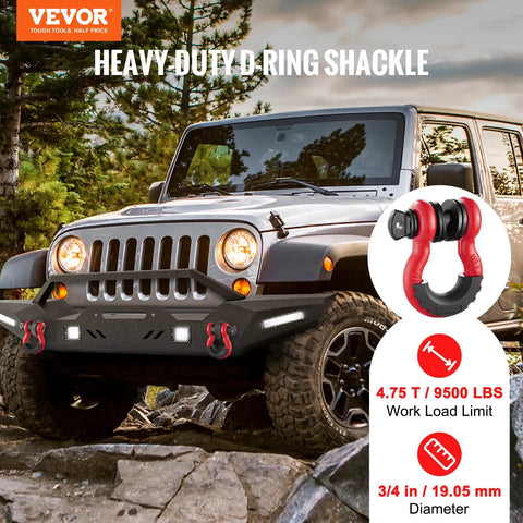 Jeep with Red Beefy 3/4 Inch D Ring Shackle Set For Truck And Jeep Recovery, 7/8 Inch Screw Pin, mounted on front bumper.