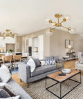 Lit Gold Semi Flush Mount Chandelier For Dining Room And Kitchen, Modern Gold Ceiling Light With Candle Style Orbs In Chic Glass