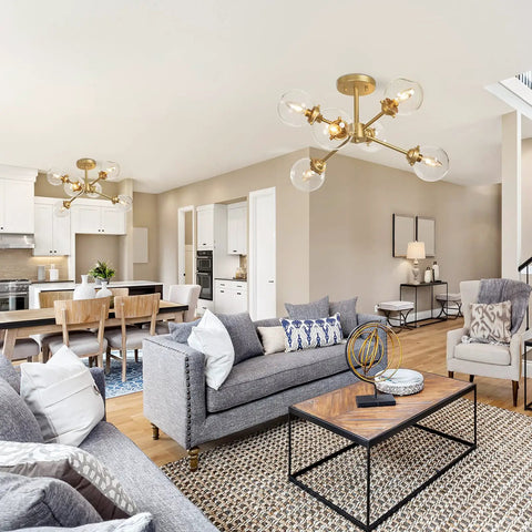 Lit Gold Semi Flush Mount Chandelier For Dining Room And Kitchen, Modern Gold Ceiling Light With Candle Style Orbs In Chic Glass
