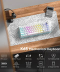 Next Level Tri Mode Wireless Mechanical Keyboard With Buttery Smooth Cnc Volume Knob Hot Swap Ready Pre Lubed Linear Switches Cozy Gasket Mount Rgb Gamer Board For Desktop Workstation Setups on wooden desk with calculator and headphones.