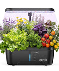 Six Pod Indoor Hydroponics Garden System With LED Grow Light Auto Timer Height Adjustable Stand Quiet Pump For Fresh Herbs All Year Long Easy Soil Free Kitchen Garden Gift For Mom shown growing various herbs and vegetables.