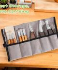 Wood Carving Kit With 29 Piece Tools Whittling Set For Beginners DIY Hobbyists Grab And Go Gray Carrying Bag open on table