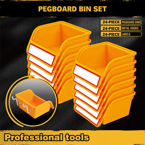 Pegboard Bins Organizer Set 24 Pack Kickass Durable Storage Trays with labels and hooks for garage workshop craft room.
