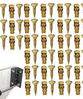 Expansion Screw Kit For Cabinet Hinges And Stripped Hole Repair, Easy Do It All Fasteners For Tile, Stone, Wood, Concrete, Hollow Walls, And Drywall. Gold metal anchors and screws with cabinet hinge repair application.
