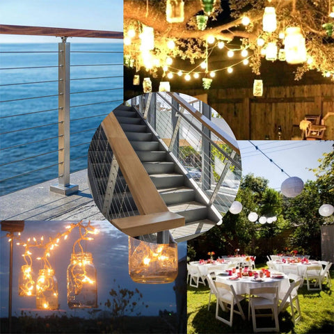Scenic views of deck railings and garden lighting using 316 Stainless Steel Aircraft Cable Rope One Eighth Inch 7 By 7 Construction.