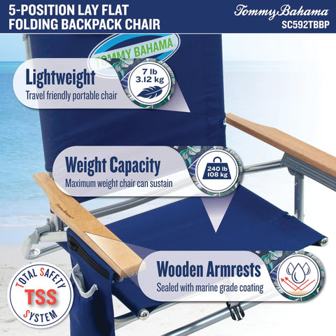 5-Position Lay Flat Folding Backpack Chair, lightweight, 240 lb capacity, wooden armrests with marine coating at beach.