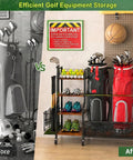 Garage Golf Bag Storage Organizer Holds 2 Full Size Bags With 360 Degree Swivel Wheels Wood Shelves Anti Tip Straps And A Sturdy Steel Frame For Stable Easy Access And Ready Club Organization before and after setup with golf bags and accessories