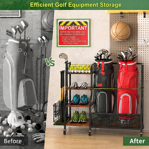Garage Golf Bag Storage Organizer Holds 2 Full Size Bags With 360 Degree Swivel Wheels Wood Shelves Anti Tip Straps And A Sturdy Steel Frame For Stable Easy Access And Ready Club Organization before and after setup with golf bags and accessories