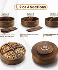 Premium 12 Inch Acacia Wood Lazy Susan Rotating Tray With Four Removable Dividers showing 3 section options for snacks.