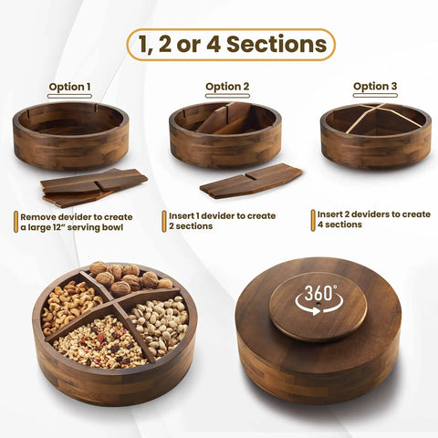Premium 12 Inch Acacia Wood Lazy Susan Rotating Tray With Four Removable Dividers showing 3 section options for snacks.