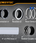 Hassle Free Four Inch Magnetic Dust Collection Hose Kit With Heavy Grip Magnet Fittings For Two Machine Hookup And Fast Quick Swap On Woodworking Shop Gear, includes connectors and clamps.