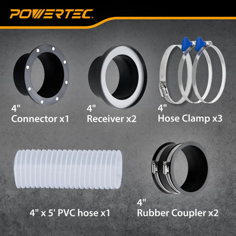 Hassle Free Four Inch Magnetic Dust Collection Hose Kit With Heavy Grip Magnet Fittings For Two Machine Hookup And Fast Quick Swap On Woodworking Shop Gear, includes connectors and clamps.