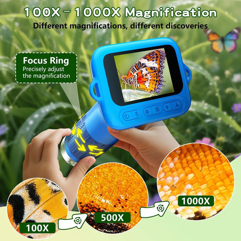 1000X Digital Kids Microscope Kit For Curious Learners With 12 Slides And A 2 Inch Screen Blue Kid Friendly And Super Fun For Exploring Cells Insects Coins And More 100X To 1000X Magnification, blue handheld digital microscope with butterfly view and focus ring