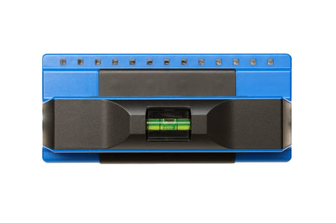 Front view of ProSensor 710 Plus 13 Sensor Stud Finder with Wood and Metal Detector, blue with a built-in bubble level, made in the USA.