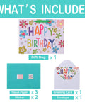 Image showing a Sixteen Point Five Inch Extra Large Colorful Happy Birthday Gift Bag Set With Handles Greeting Card Tissue Paper And Stickers For Kids Women Girls Newborn New Moms Or Parents, including a colorful gift bag, teal tissue paper, and a matching greeting card with envelope.