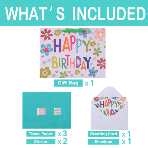 Image showing a Sixteen Point Five Inch Extra Large Colorful Happy Birthday Gift Bag Set With Handles Greeting Card Tissue Paper And Stickers For Kids Women Girls Newborn New Moms Or Parents, including a colorful gift bag, teal tissue paper, and a matching greeting card with envelope.