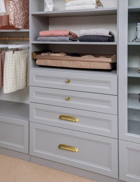 Top Shelf Modern Cabinet Pulls With 5 Inch Hole Centers And Brushed Gold Zinc Alloy Handles For Kitchen Drawers And Furniture Doors Six Pack, stylishly installed on gray storage drawers.