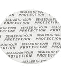 Foam lid liner disc, white, 45mm diameter, with SEALED FOR YOUR PROTECTION text across surface