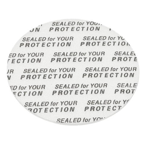 Foam lid liner disc, white, 45mm diameter, with SEALED FOR YOUR PROTECTION text across surface