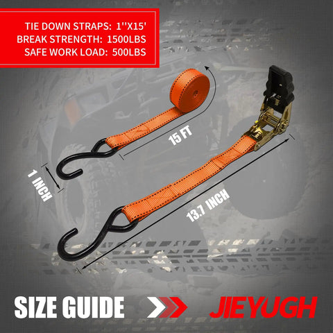 Tough As Nails Ratchet Tie Down Straps 15 Foot Long with orange webbing and rubber coated hooks for heavy-duty use.