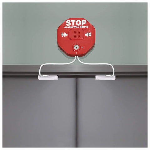 105 dB Exit Stopper Door Alarm For Double Doors, Self Contained, Easy Install, Runs On 9 Volt Battery, Mounted Above Doors, Red