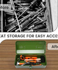 Built Tough 15 Inch Metal Tool Box With Locking Lid And Carry Handle Portable Tool Storage Case in Green showing organized tools