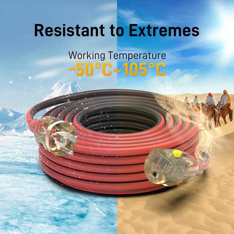 Heavy Duty Outdoor Extension Cord 25 Ft 14/3 Gauge Waterproof with Locking LED Plugs, All Weather SJEOW Jacket, -50°C To 105°C