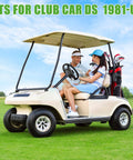 Couple in a golf cart on a field, fits for Club Car DS 1981-up, promoting use of Club Car Beefed Up Serrated Shoulder Lug Stud Bolts Kit