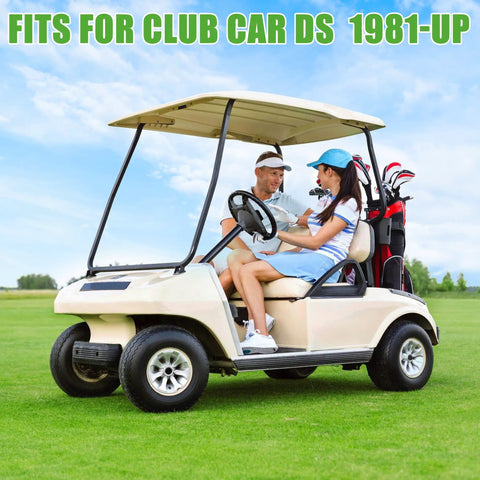 Couple in a golf cart on a field, fits for Club Car DS 1981-up, promoting use of Club Car Beefed Up Serrated Shoulder Lug Stud Bolts Kit