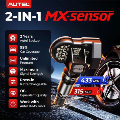 MX Sensor 315 Plus 433MHz Universal TPMS Sensor For Cars And SUVs Tire Pressure Monitoring System EZ Install Relearn Ready High Accuracy Durable Build Ideal Replacement Tire Sensor 2 Year Warranty, black sensor with 315/433 MHz label