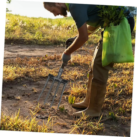 Person using Heavy Duty Steel Four Prong Pitch Fork For Digging And Loosening Soil Manure Rake With Easy Attach To Handle Not Included