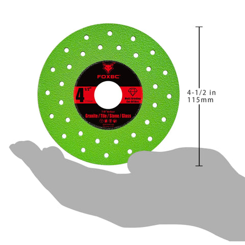 4-1/2 Inch Diamond Cut Off Discs For Angle Grinder, Ultra-Thin Multi-Material Tile Cutter Blades held in hand, green color