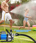 Man using Water Transfer Pump 110V 1.6 HP Shallow Well Pump with sprinkler in garden, child playing in water spray