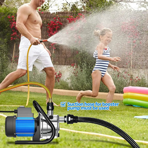 Man using Water Transfer Pump 110V 1.6 HP Shallow Well Pump with sprinkler in garden, child playing in water spray