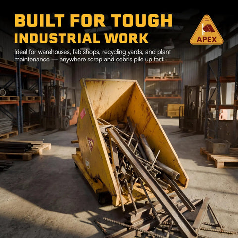 Built Tough 1.5 Yard Self Dumping Hopper With Smooth Rolling Casters And Six Thousand Pounds Capacity filled with scrap metal in warehouse